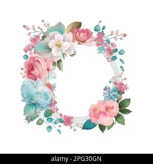Königsblau, marineblaue Gartenrose, weiße Hortensien, Anemone, Distel, Eukalyptus, Marmorrahmen im Vektordesign. Strukturierte Karte. Eukalyptus, grün Stock Vektor