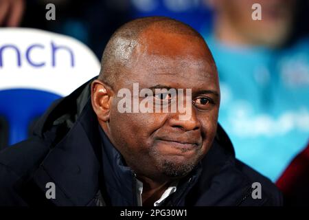 Aktenfoto vom 04.-01-2023 von Crystal Palace Manager Patrick Vieira. Joel ward enthüllte, dass die Spieler von Crystal Palace überrascht waren von der Entlassung von Patrick Vieira, als der Verein um das Überleben der Premier League kämpft. Ausgabedatum: Montag, 20. März 2023. Stockfoto