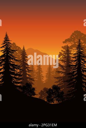 Nachtlandschaft, Berge und Wald, Silhouetten von Nadelbäumen und Laubbbäumen, Orange Sky. Vektor Stock Vektor
