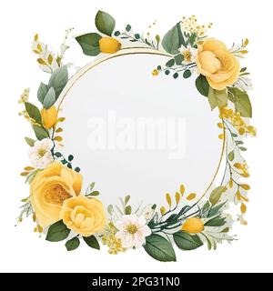 Dekorative klassische gelbe Rosen und Knospen mit Blättern in quadratischer Form. Vektorset mit Blüten für dein Design. Verzierung für Hochzeitseinladungen Stock Vektor