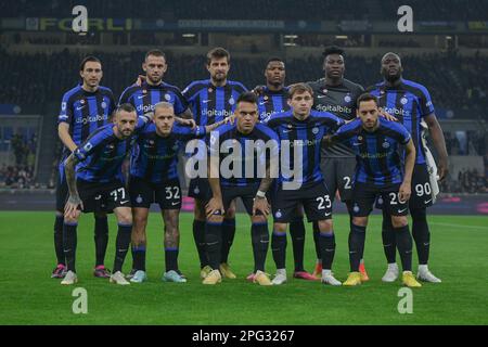 Aufstellung des Inter FC während des Fußballspiels der Italienischen Serie A zwischen dem Inter FC Internazionale Juventus FC am 19. März 2023 im Giuseppe Meazza San Siro Siro Stadion in Mailand, Italien. Foto: Tiziano Ballabio Stockfoto