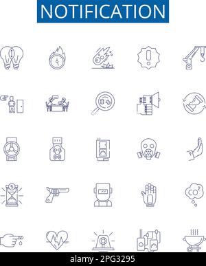 Symbole der Benachrichtigungszeile sind festgelegt. Design Collection von Alert, Reminder, Signal, Warning, Notice, Konzeptvektor „Broadcast“, „Promotion“, „Report Outline“ Stock Vektor