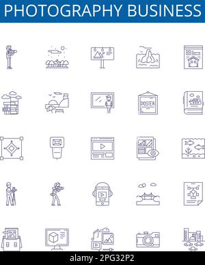 Symbole der Geschäftsbereiche Fotografie sind eingerichtet. Design-Sammlung von Fotografie, Business, Marketing, Aufnahme, Studio, Bearbeitung, Dienste, Bildkontur Stock Vektor