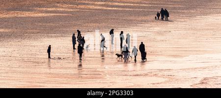 Ein Panoramabild von Abendlicht, das Menschen am Fistral Beach bei Ebbe in Newquay in Cornwall im Vereinigten Königreich umhüllt. Stockfoto