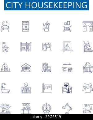 Symbole für die Stadtverwaltung sind eingerichtet. Design-Sammlung von Urban, Cleaning, Services, Housework, Dwelling, Anwohner, Staub abstauben, Umrisse kehren Stock Vektor