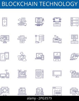 Blockchain-Technologie Linienzeichen gesetzt. Design-Sammlung von Blockchain, Technologie, dezentralisiert, Ledger, Kryptografie, Kryptowährung Stock Vektor