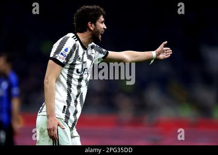 Mailand, Italien. 19. März 2023. Manuel Locatelli vom FC Juventus Gesten während des Fußballspiels der Serie A vor dem FC Internazionale und dem FC Juventus im Stadio Giuseppe Meazza am 19. März 2023 in Mailand, Italien . Kredit: Marco Canoniero/Alamy Live News Stockfoto