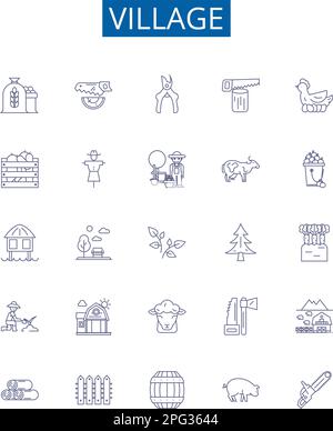 Symbole der Dorflinie sind eingerichtet. Design-Sammlung von Village, Hamlet, Settlement, Rural, Township, Community, Locale, Farmland-Kontur-Konzeptvektor Stock Vektor