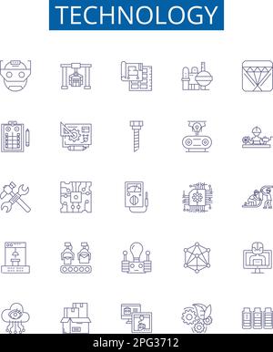 Symbole der Technologielinie Zeichen gesetzt. Design-Sammlung von Technik, Gadget, Elektronik, Netzwerk, Software, Konzeptvektor für Programm-, KI-, Maschinenkontur Stock Vektor