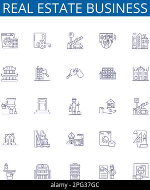 Symbole der Geschäftsbereiche Immobilien sind eingerichtet. Designsammlung von Eigentum, Investition, Maklerei, Leasing, Vermieter, Miete, Makler, Hypothekenübersicht Stock Vektor
