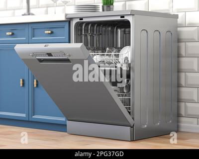 Öffnen Sie den leeren Geschirrspüler in der Küche. 3D Abbildung Stockfoto