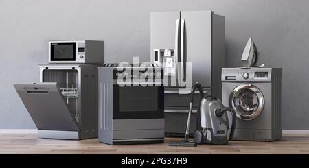 Haushaltsgeräte. Hausküchentechnik in Wohnungen. .3D-Abbildung Stockfoto