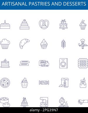 Handwerklich hergestelltes Gebäck und Desserts stehen auf Symbolschildern. Design-Sammlung von Konfektionen, Gebäck, Desserts, handwerklich, gebacken, Kuchen, Cupcakes, Süßigkeiten Stock Vektor