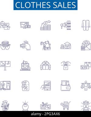 Symbole für Bekleidungsverkäufe sind eingerichtet. Design-Kollektion aus Bekleidung, Verkauf, Mode, Boutique, Bekleidung, Konzipvektor für Bekleidung, Outfit, Einzelhandel Stock Vektor