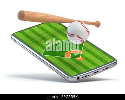 Online-Videospiel-App für Baseball-Smartphones. Handy mit Baseballfeld auf einer Leinwand mit Baseballball und Schläger. 3D Abbildung Stockfoto