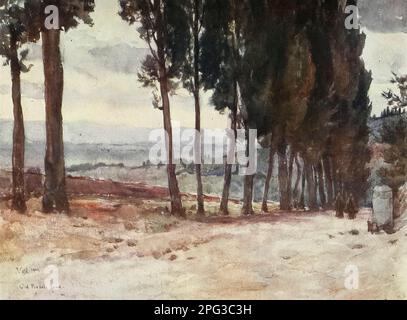 Auf der Alten Straße zur Fiesole Cypress Avenue auf dem steilen Hügel, mit Blick auf die Ebene des Arno nach Süden. Gemalt von Colonel Robert Charles Goff aus dem Buch " Florence & Some Toskana Cities " von Clarissa Goff Veröffentlicht von A & C Black im Jahr 1905 Stockfoto