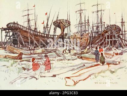 The Ship-Building Yard, Viareggio gemalt von Colonel Robert Charles Goff aus dem Buch " Florence & Some Tuscan Cities " von Clarissa Goff Veröffentlicht von A & C Black im Jahr 1905 Stockfoto