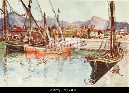 Küstenschiffe im Hafen von Viareggio The Carrara Mountains in der Ferne gemalt von Colonel Robert Charles Goff aus dem Buch ' Florence & some Tuscan Cities ' von Clarissa Goff Veröffentlicht von A & C Black im Jahr 1905 Stockfoto