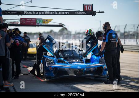 10 TAYLOR Ricky (usa), ALBUQUERQUE Filipe (prt), DELETRAZ Louis (che), Konica Minolta Acura ARX-06, Acura ARX-06, Action während der Mobil 1 Twelve Hours of Sebring 2023, 2. Runde der IMSA SportsCar Championship 2023, vom 15. Bis 18. März 2023 auf dem Sebring International Raceway, Florida USA - Foto Jan Patrick Wagner / DPPI Stockfoto