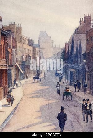 Eton Street ' After Twelve ' auf einem Halburlaub wird der Curfew Tower von Windsor Castle in der Ferne gesehen Watercolour von Edith Danvers Brinton, aus dem Buch ' Eton ' von Christopher Reynolds Stone, veröffentlicht in London von A. & C. Black im Jahr 1909. Eton College ist eine öffentliche Schule in Eton, Berkshire, England. Es wurde 1440 von Henry VI. Unter dem Namen Kynge's College of Our Ladye of Eton besyde Windesore gegründet Stockfoto