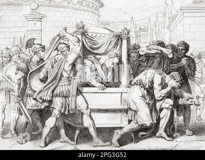 Die Ermordung von Cicero, 43BC. Marcus Tullius Cicero, 106 – 43 v. Chr. Römischer Staatsmann, Redner, Anwalt, Gelehrter, Philosoph. Er war ein Feind des Zweiten Triumviraten und wurde von Soldaten in ihrem Namen ermordet. Nach einem Werk aus dem 19. Jahrhundert von Bartolomeo Pinelli. Stockfoto