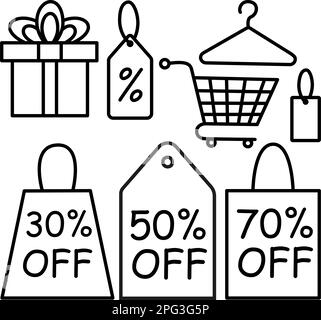 Set aus linearen Symbolen für Online-Shops im Vektordesign. Sammlung von Websymbolen für Doodle-Illustrationen im Online-Shop Stock Vektor