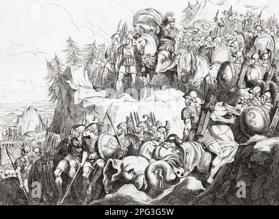 Hannibal überquert die Alpen in 218 v. Chr. Er zeigt seiner Armee ihr Ziel an, während sie die Invasion Italiens im Zweiten Punischen Krieg beginnen. Nach einem Werk aus dem 19. Jahrhundert von Bartolomeo Pinelli. Stockfoto