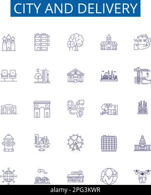 Symbole für Stadt- und Lieferposition sind eingerichtet. Design-Sammlung von Stadt, Zustellung, Stadt, Lokal, Post, Expressversand, Logistik, Konzipierungsvektor Stock Vektor