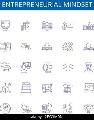 Symbolzeichen für unternehmerische Denkweise gesetzt. Design-Sammlung von Unternehmergeist, Denkweise, Vision, Risikobereitschaft, motiviert, Antrieb, Kreativität, Erfolg Stock Vektor