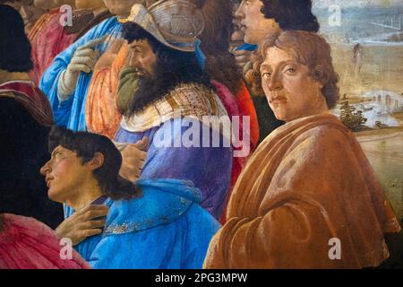 Weithin als Selbstporträt des Künstlers Sandro Botticelli in seinem Werk Adoration of the Magi in den Uffizien angesehen Stockfoto