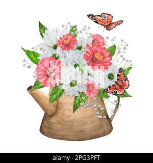 Handgezeichneter, wässriger Garten, Gießkanne mit Blumen und Schmetterlingen. Ein kleiner Teil des großen VOGELGARTENS Stockfoto