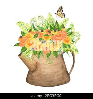 Handgezeichneter, wässriger Garten, Gießkanne mit Blumen und Schmetterling. Ein kleiner Teil des großen VOGELGARTENS Stockfoto