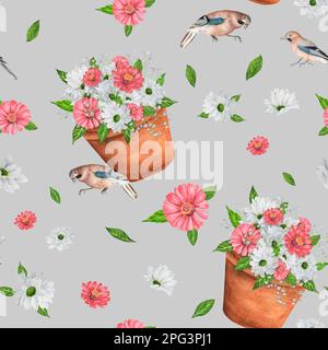 Handgezeichnetes nahtloses Aquarell-Muster. Jay-Vögel und Gartenblumen. Ein kleiner Teil des großen VOGELGARTENS Stockfoto
