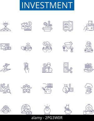 Symbole für Investitionslinien festgelegt. Designsammlung von Finanzierung, Sparen, Kapital, Einlagen, Aktien, Eigenkapital, Ressourcen, Anleihen bilden den Konzeptvektor Stock Vektor