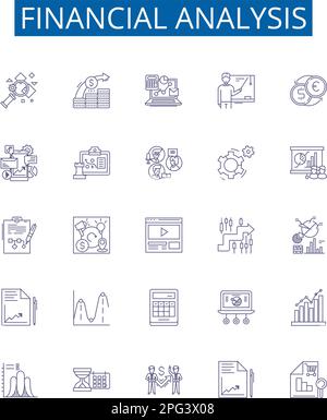 Symbole für Finanzanalyse-Linien sind gesetzt. Entwurfssammlung von Budgetierung, Prognose, Kennzahlen, Cashflow, Finanzierung, Rentabilität, Liquidität Stock Vektor