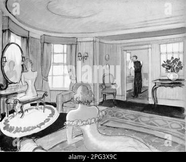 Konzeptkunst/Set-Design von Art Director C.P. NORMAN für den Film REX HARRISON CONSTANCE CUMMINGS und KAY HAMMOND in BLITHE SPIRIT 1945 Regisseur DAVID LEAN Play NOEL COWARD A Noel Coward - Cineguild Production / Two Cities Films / General Film Distributors (GFD) Stockfoto