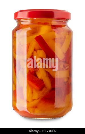 Eingelegte Filets in einem Glasgefäß, isoliert auf weiß, mit Schnittpfad im Lieferumfang enthalten Stockfoto