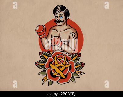 Traditioneller Boxer mit Tattoo-Design der alten Schule in Rosenfarbe auf einem alten Papierkorb Stockfoto