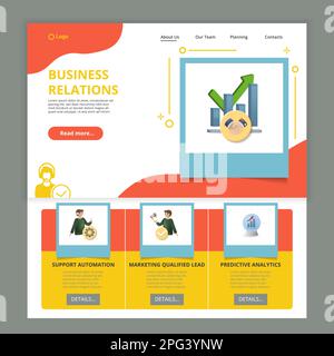 Vorlage für flache Landing-Page-Website für Geschäftsbeziehungen. Unterstützung von Automatisierung, vom Marketing qualifizierter Lead, vorausschauende Analysen. Webbanner mit Header Stock Vektor