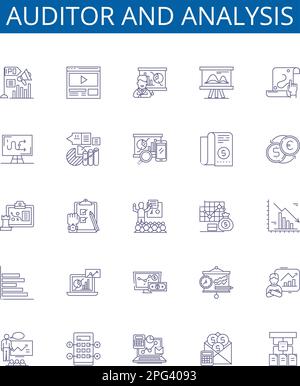 Symbole für Prüfer- und Analysezeilen sind gesetzt. Designsammlung von Auditor, Analyse, Auditing, Analysieren, Evaluieren, Überprüfung, Inspektion, Überprüfung Stock Vektor