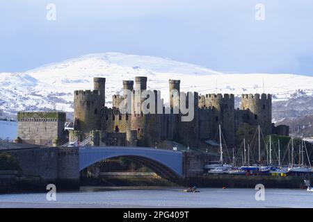 Conwy Castle in Winter, Nordwales, Vereinigtes Königreich, Stockfoto