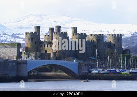 Conwy Castle in Winter, Nordwales, Vereinigtes Königreich, Stockfoto