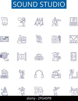 Symbole für Tonstudio-Linien eingestellt. Designkollektion aus Aufnahme, Mixen, Musik, SoundStage, Mikrofon, Entwurf für Producer, Audio, Rundfunk Stock Vektor