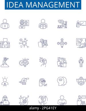 Symbole für Ideenmanagement-Linien sind festgelegt. Entwurfssammlung von Konzeptualisierung, Brainstorming, Innovation, Priorisierung, Kategorisierung, Ausführung Stock Vektor