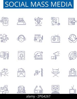 Symbole für Social-Mass-Media-Linien sind gesetzt. Design-Sammlung von Social, Media, Mass, Network, Platform, Leitlinienkonzept „Digital“, „Sharing“ und „Connecting“ Stock Vektor