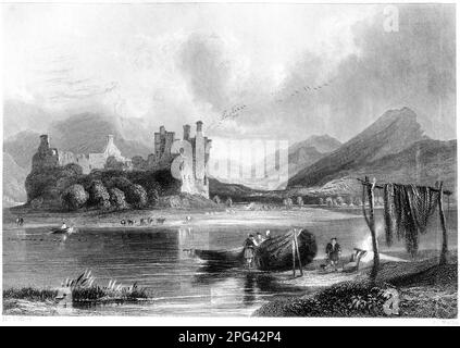 Eine Gravur von Kilchurn Castle, Loch Awe, Argyleshire, Schottland, Großbritannien, gescannt mit hoher Auflösung aus einem 1840 gedruckten Buch. Stockfoto