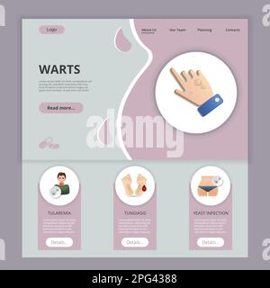 Warts flache Landing-Page-Website-Vorlage. Tularämie, Tungiasis, Hefeinfektion. Webbanner mit Header, Content und Footer. Vektordarstellung. Stock Vektor