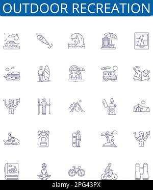 Symbole für Outdoor-Freizeitlinien sind eingerichtet. Design-Sammlung von Wandern, Camping, Angeln, Kajakfahren, Bootstouren, Modellkonzept für Radfahren, Klettern, Jagen Stock Vektor