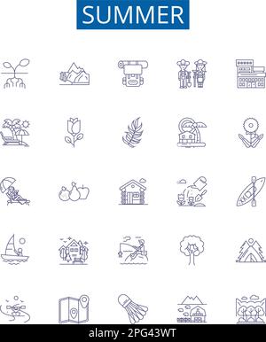 Summer Line Icons-Schilder sind eingerichtet. Design Kollektion von Sonne, Hitze, Urlaub, Pool, Strand, Barbecue, Insekten, Zitrus-Kontur-Konzept-Vektordarstellungen Stock Vektor