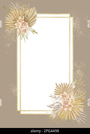 Aquarell vertikale Vorlage mit getrockneten Blumen im Boho-Stil für Grußkarten oder Hochzeitseinladungen. Rechteckiger Rahmen mit Blumenmuster, goldener Textur und exotischen Blumen. Handgezeichnete Illustration. Stockfoto